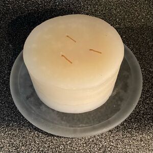 NWOT large unscented cream colored 3 wick candle + frosted glass candle holder